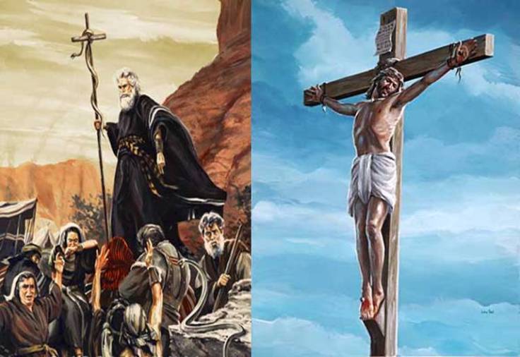 moses lifting up the bronze serpent foretelling Christ's death on the cross